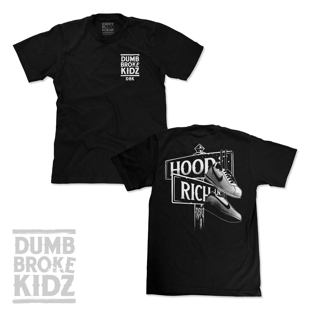 Black kids graphic tee with “DUMB BROKE KIDZ” chest print and crew neck