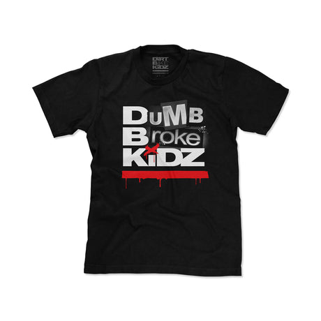 Black crewneck short-sleeve tee with large “Dumb Broke Kidz” front graphic.