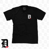 Black adult t-shirt with white and red logo print on the chest