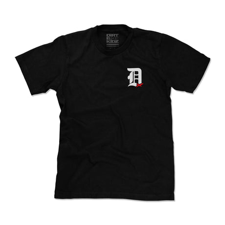 Black adult t-shirt with small Dirt Bike Kidz logo on neckline and chest emblem