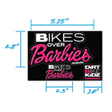 Sticker pack layout with black and pink bike logos and measurement diagram.