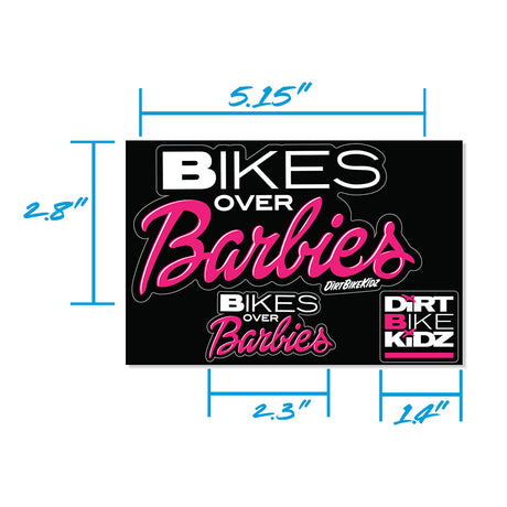 Sticker pack layout with black and pink bike logos and measurement diagram.
