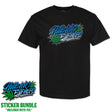Black T-shirt with blue/green graphic logo on chest; sticker bundle included