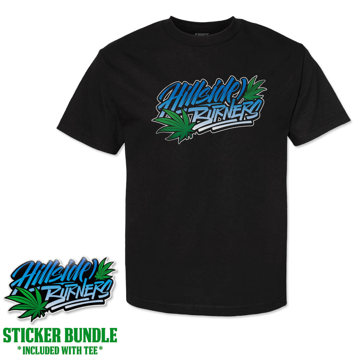 Black T-shirt with blue/green graphic logo on chest; sticker bundle included