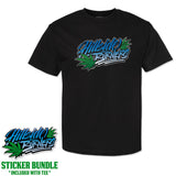 Black T-shirt with blue/green graphic logo on chest; sticker bundle included