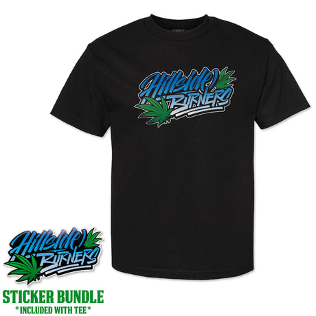 Black T-shirt with blue/green graphic logo on chest; sticker bundle included