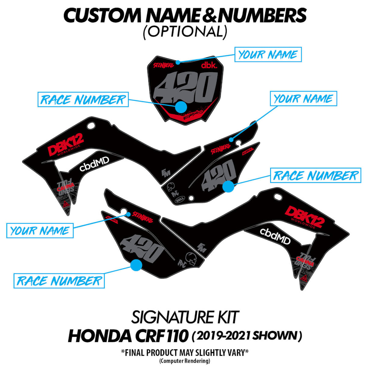 Custom name and number decal placement design for motorbike side panels