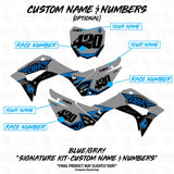 Motocross decal kit design with placeholders for name and race numbers on side and front plates