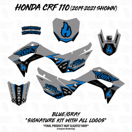Decal kit layout for motocross bike in blue and gray graphics for side and front plates
