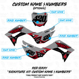 Motocross decal kit design with optional custom name and race numbers on side and front plates