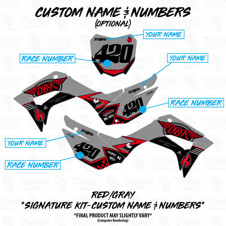 Motocross decal kit design with optional custom name and race numbers on side and front plates