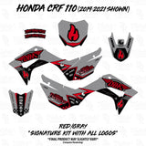 Decal kit layout for motocross bike in red, black, and gray graphics for side and front plates