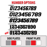 Number style options graphic with selectable race number fonts and side/front plates colors