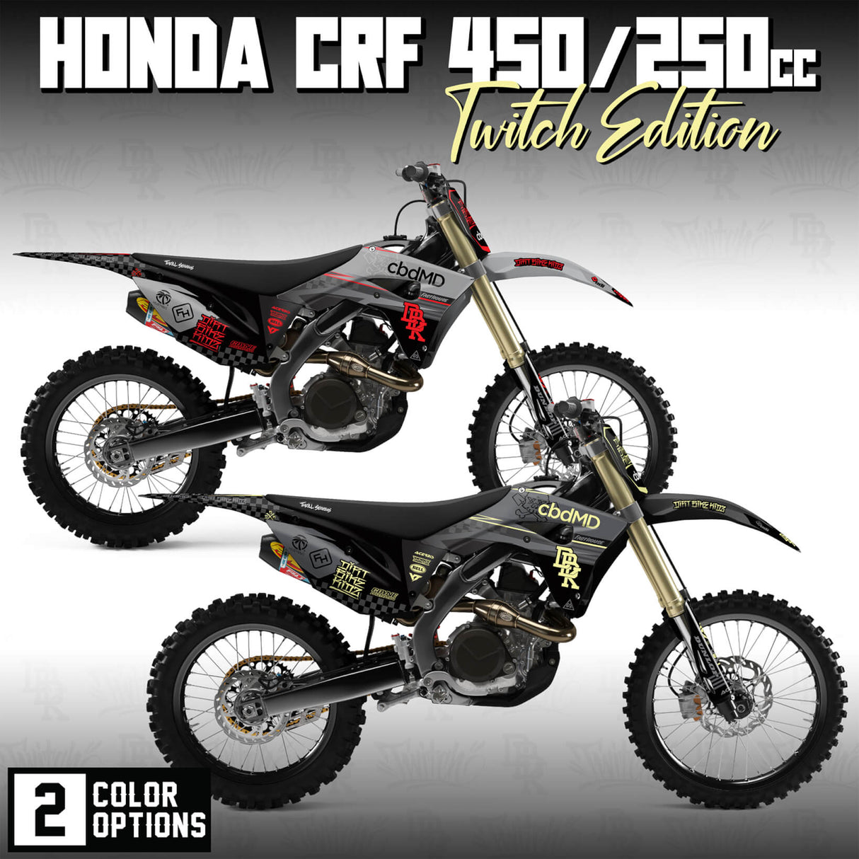 Dirt bike decal kit for CRF: black-and-gray panels with red graphics and logos