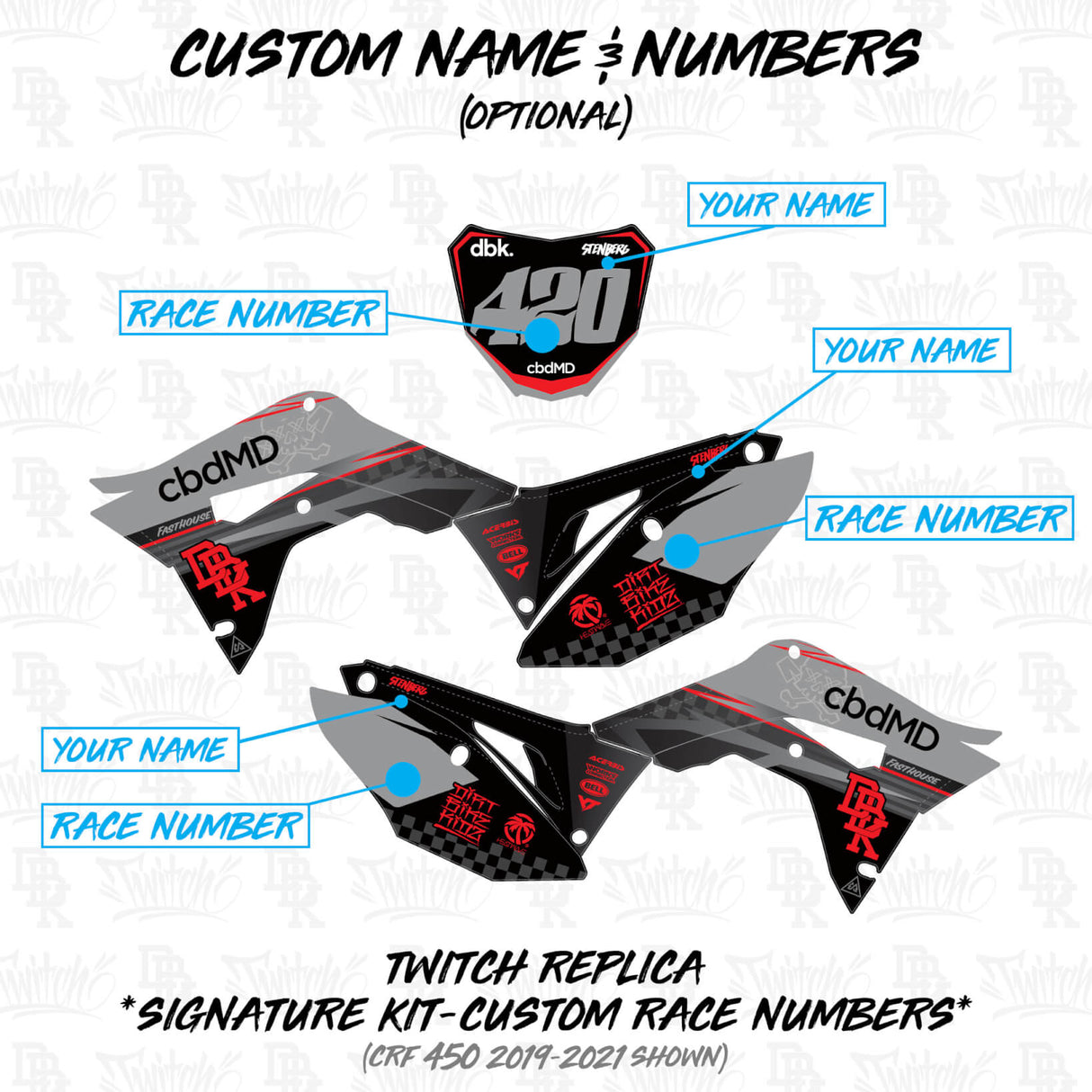 Custom name and number placement template for dirt bike side panels and front shroud