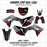 Dirt bike graphic kit panels in red-and-gray design, including side panels and number plate