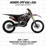 CRF450 dirt bike with black-and-gray graphics and red accents on side panels and tank