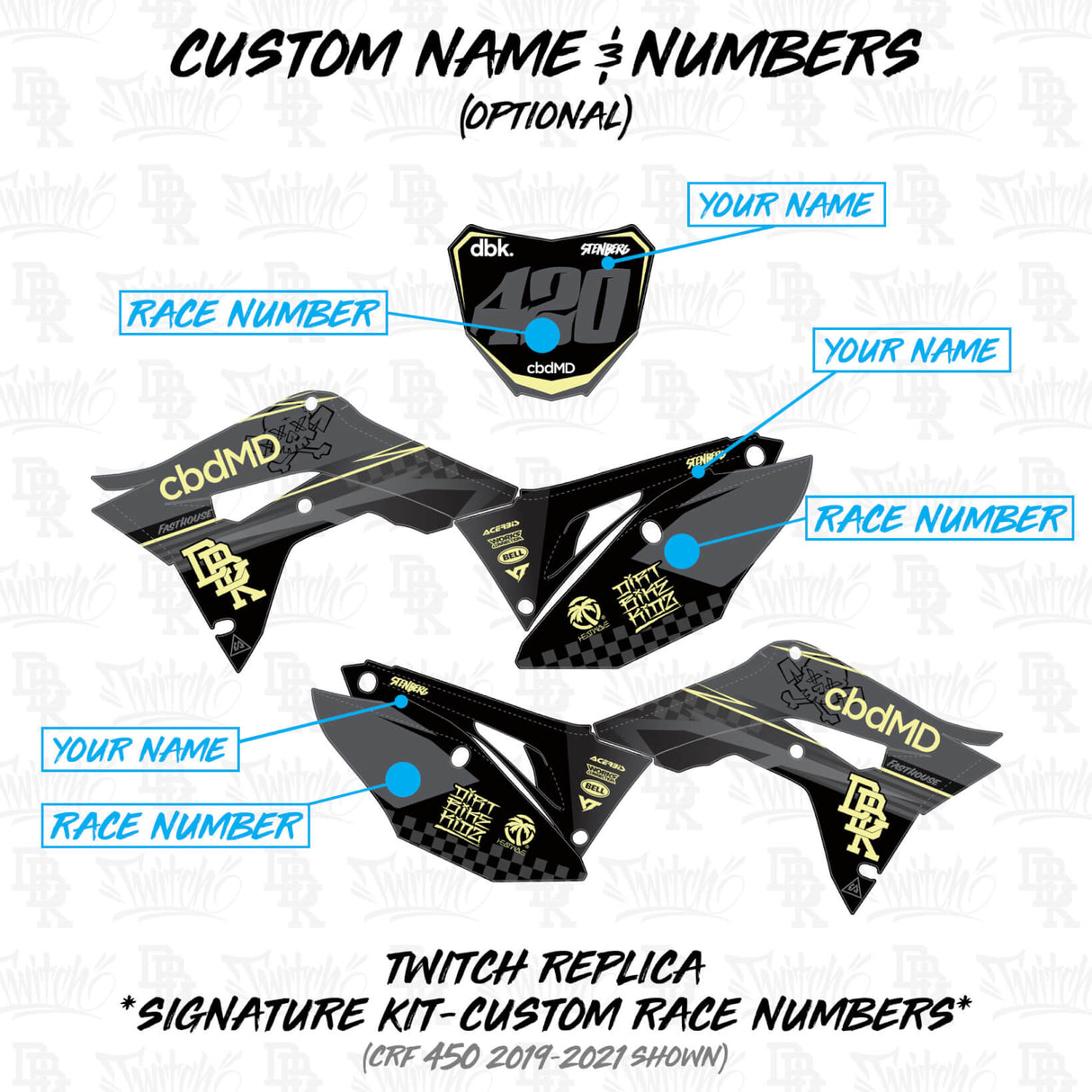 Custom name and number placement template for dirt bike graphics on side panels and shrouds