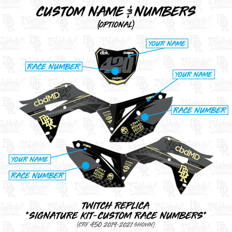 Custom name and number placement template for dirt bike graphics on side panels and shrouds