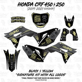 Dirt bike graphic kit panels in black-and-yellow design, including side panels and number plate