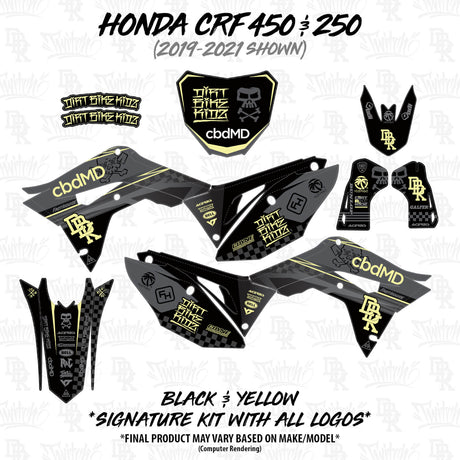 Dirt bike graphic kit panels in black-and-yellow design, including side panels and number plate