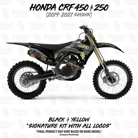 CRF450 dirt bike with black graphics and yellow accents on side panels and tank