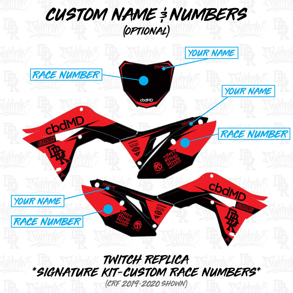 Twitch replica signature kit custom race number graphics on red and black panels