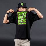 Youth black T-shirt with DIRT BIKE KIDZ front graphic worn by model