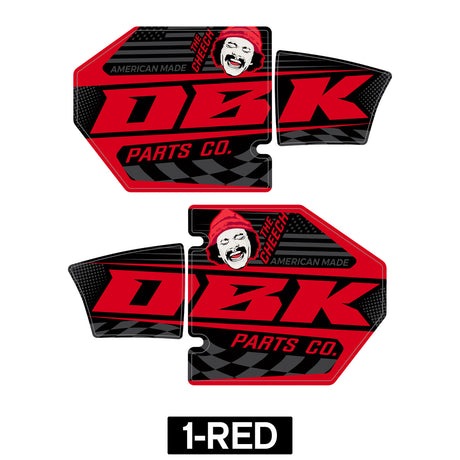 Red DZK exhaust sticker pair with Cheech face and Parts Co logo