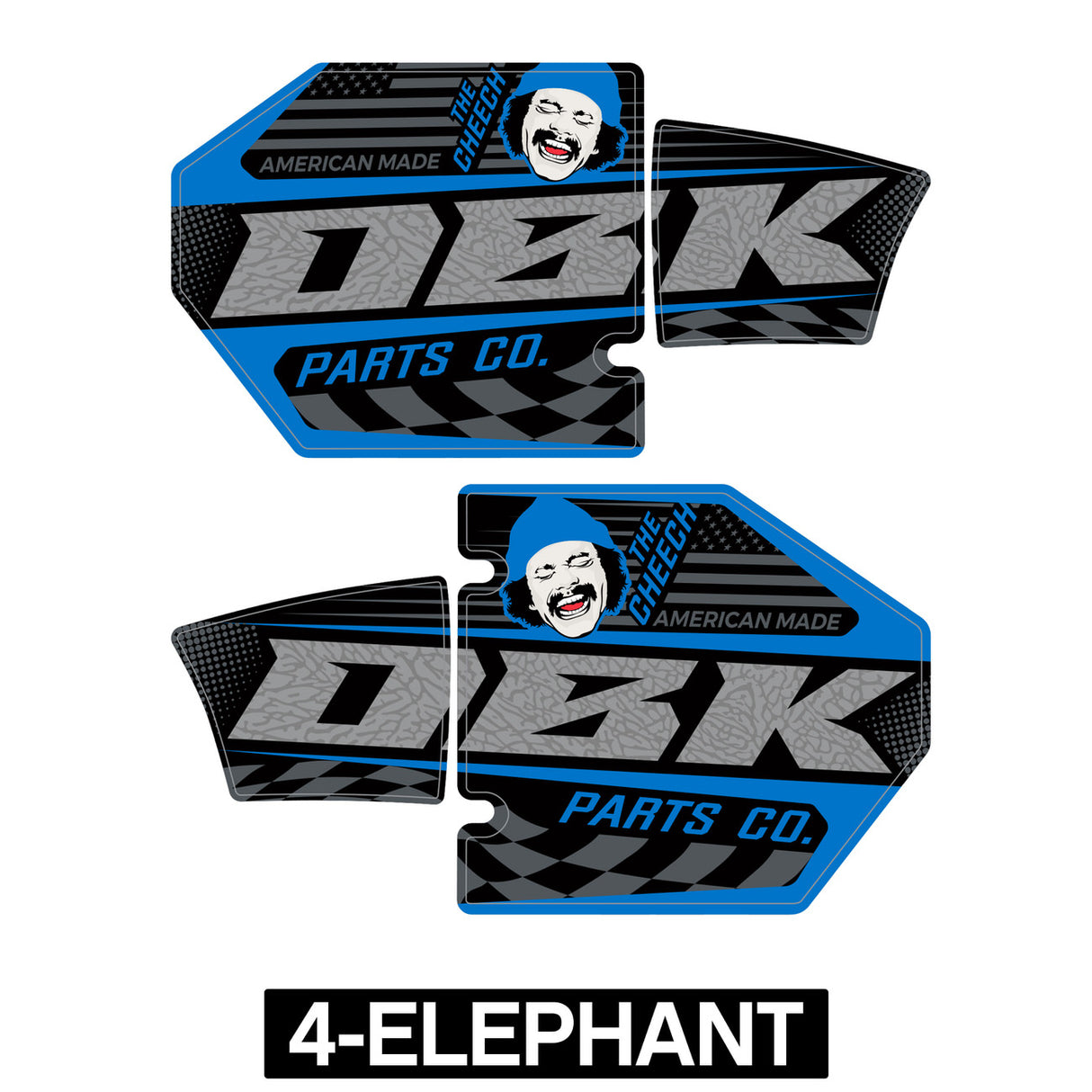 Electric blue DZK exhaust sticker pair with Cheech face and Parts Co logo