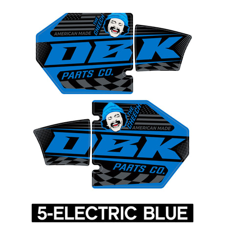Blue DZK exhaust sticker pair with Cheech face and Parts Co logo