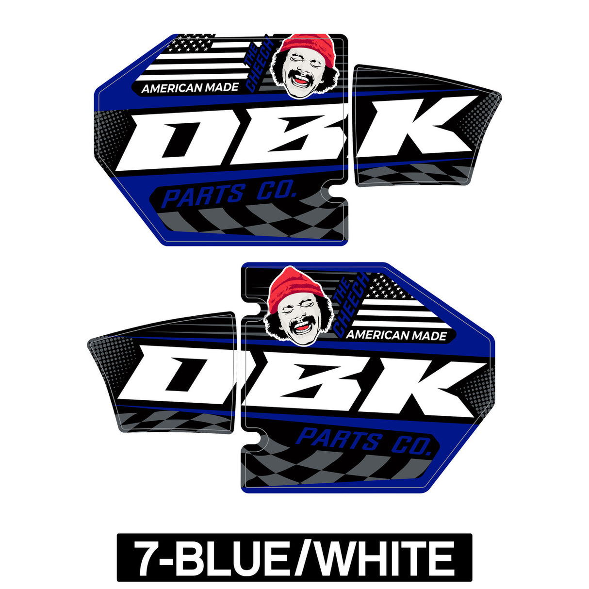 Blue/white DZK exhaust sticker pair with Cheech face and Parts Co logo