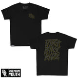 Black youth premium tee with front logo and large back neon-letter graphic