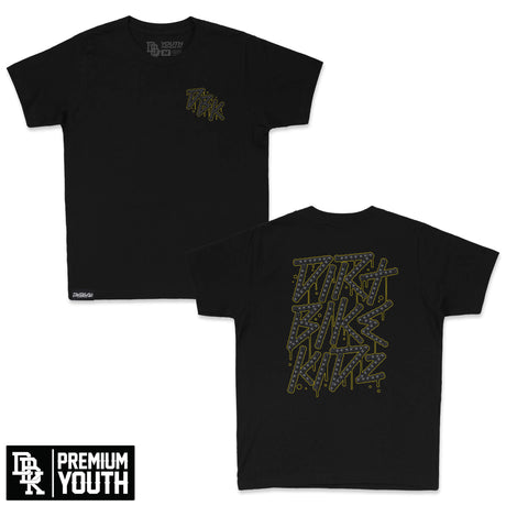 Black youth premium tee with front logo and large back neon-letter graphic