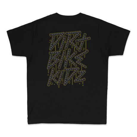 Black youth premium tee back with neon-letter graphic centered on upper back
