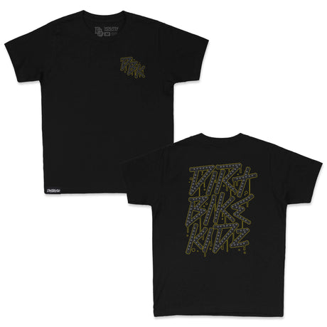 Black youth premium tee front with small chest logo; back neon-letter graphic