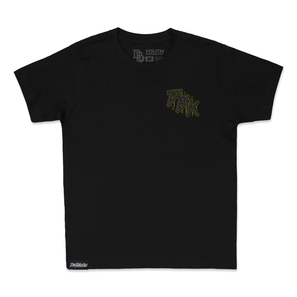 Black youth premium tee front with small neon wordmark at center chest