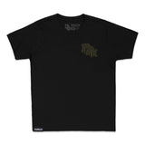 Black youth premium tee front with small neon wordmark at center chest
