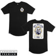 Black tall tee with small chest DBK crest and large back graphic.