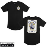 Black tall tee with small chest DBK crest and large back graphic.