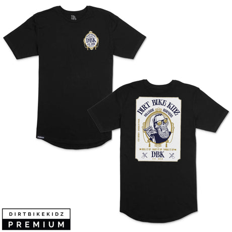 Black tall tee with small chest DBK crest and large back graphic.