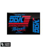 Sticker pack showing Dirt Bike Kidz emblem and American Made Motorcycle lettering in blue and red