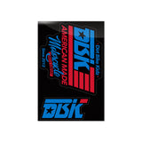 Sticker pack with Dirt Bike Kidz graphics and American Made Motorcycle script, blue red