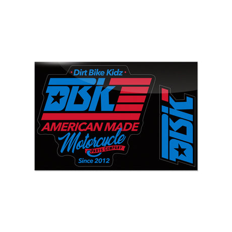 Sticker pack with Dirt Bike Kidz logo and American Made Motorcycle text in blue and red