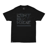 Black camo graphic T-shirt with large front logo and crew neck.