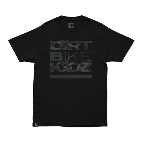 Black camo graphic T-shirt with large front logo and crew neck.