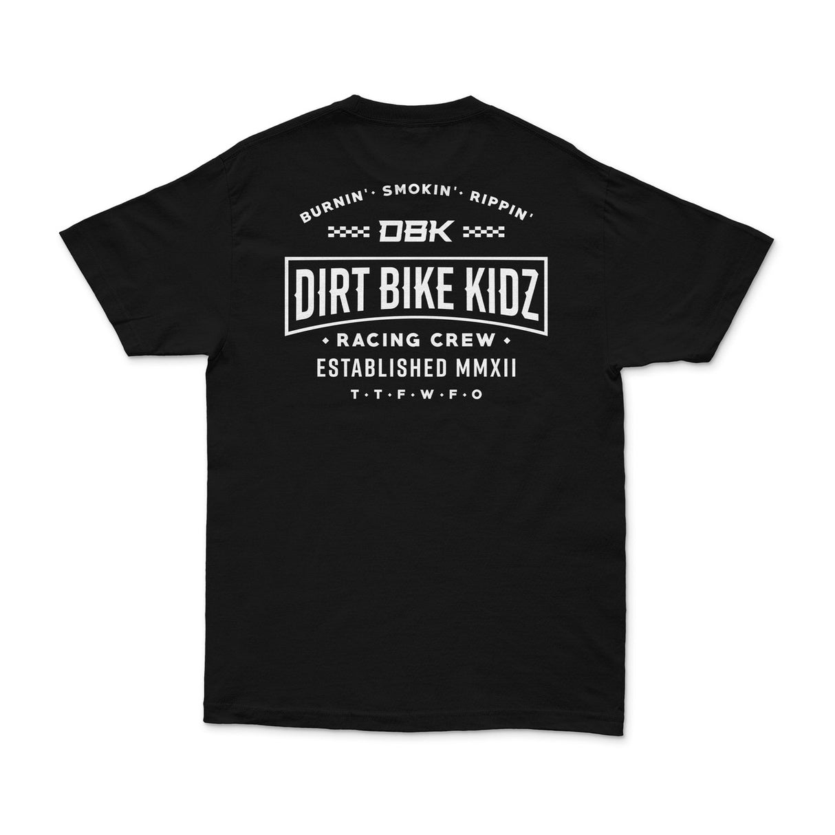 Black crewneck T-shirt with large back graphic text, DBK and Racing Crew.