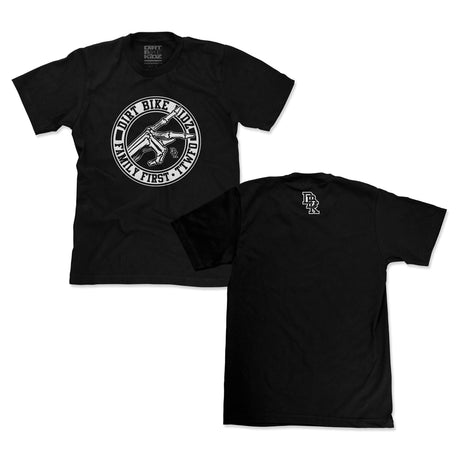Pair of black crewneck T-shirts: front circular logo, back small chest logo