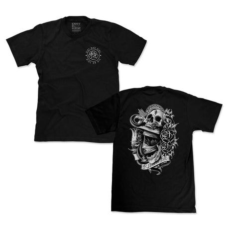 Two-view set: black crewneck t-shirt with small chest logo and large back skull graphic