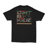 Black men's graphic T-shirt back view with large camo text graphic